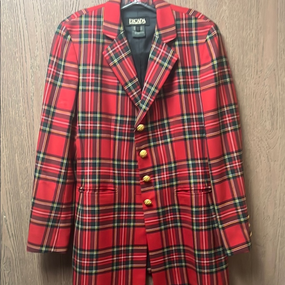 Escada Red Plaid Blazer with Gold Buttons